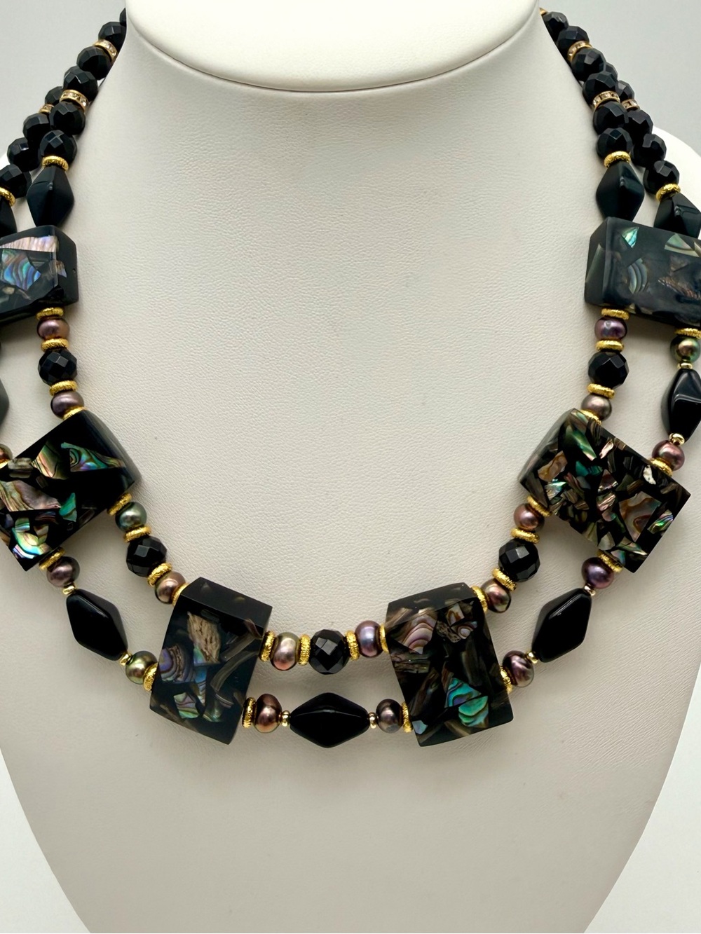 Artisan Double-Strand Black Abalone Inlay Necklace & Fresh Water Pearl Necklace - Picture 4 of 6